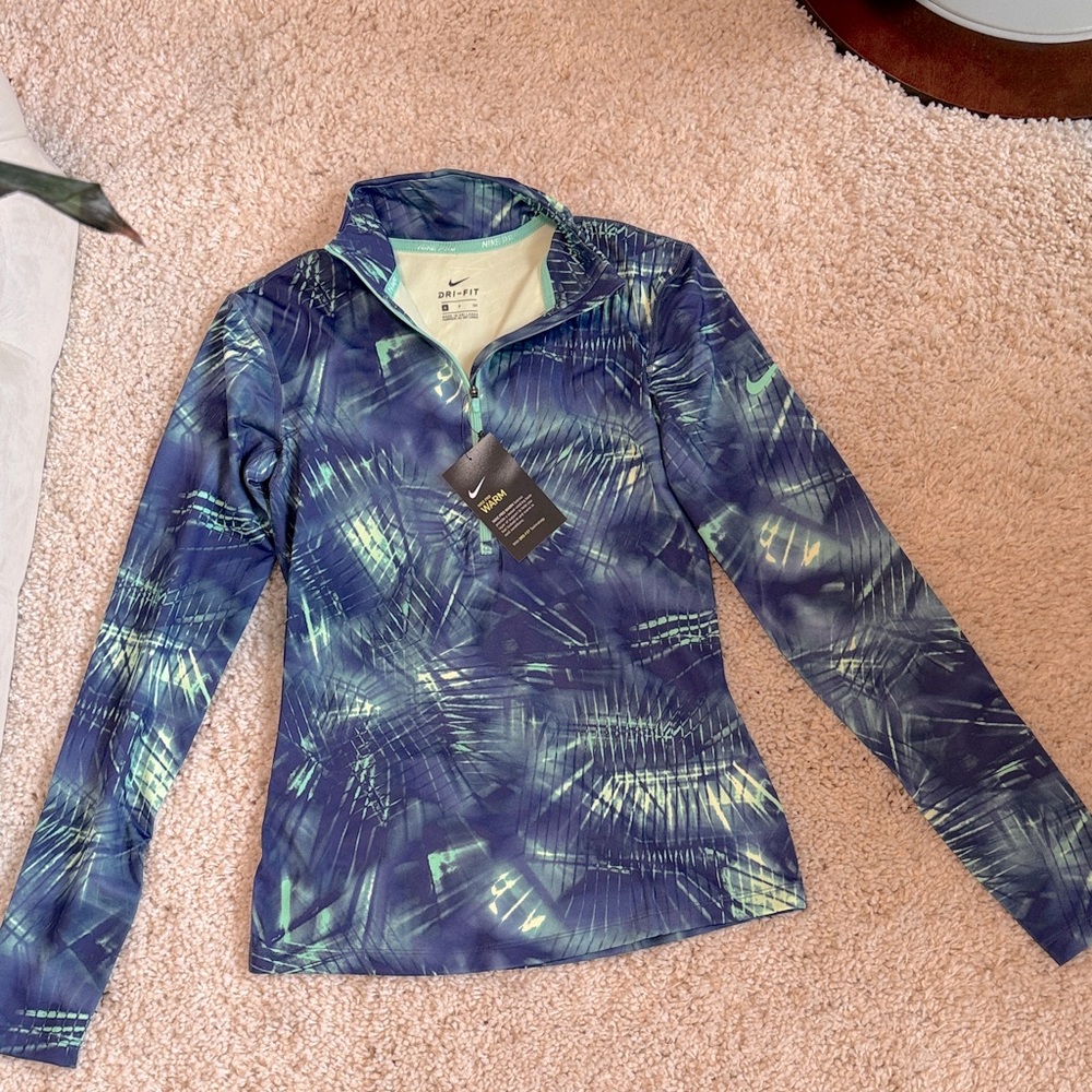 Nike pro warm dri fit sweat wicking small Blue Green Athletic Pullover long new